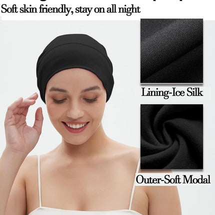 Sleep Cap Bonnet for Sleeping Black Women, Adjtable Cooling Ice Silk Lined Bonnet for Curly Braids Hair Cover Beanie Hat