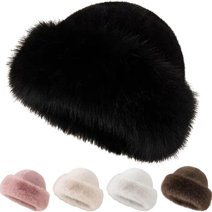 Womens Winter Faux Fur Bucket Hat, Thick Fluffy Fisherman, Winter Warmer Cap for Women