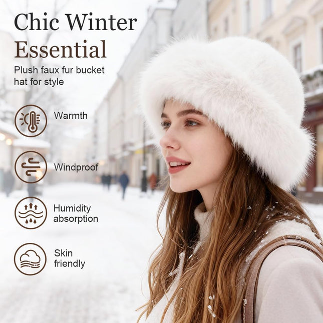 Womens Winter Faux Fur Bucket Hat, Thick Fluffy Fisherman, Winter Warmer Cap for Women
