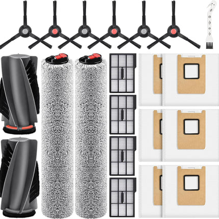 21 Pack Accessories Kit Compatible with eufy E28 Omni / E25 Omni Robot Vacuum, Replacement Parts include 1 Set(2) Main Brushes, 6 Dust Bags, 4 Filters, 2 Roller Mops, 6 Side Brushes, 1 Cleaning Tool