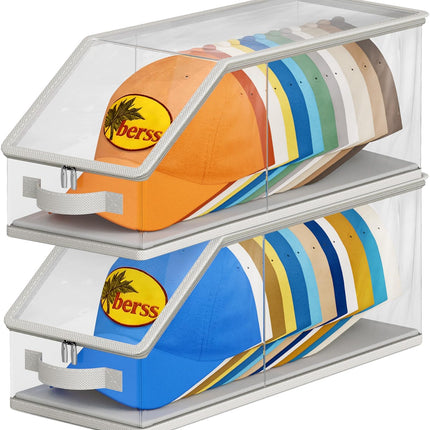2PCS Stackable Hat Storage for Baseball Caps, Clear Hat Organizer for Closet Holds up to 24 Caps, Men‘s Hat Box Display with Cardboard (Grey)