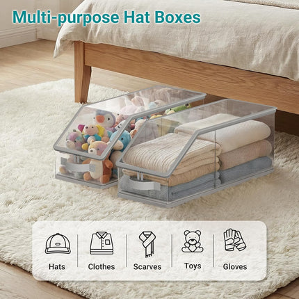 2PCS Stackable Hat Storage for Baseball Caps, Clear Hat Organizer for Closet Holds up to 24 Caps, Men‘s Hat Box Display with Cardboard (Grey)