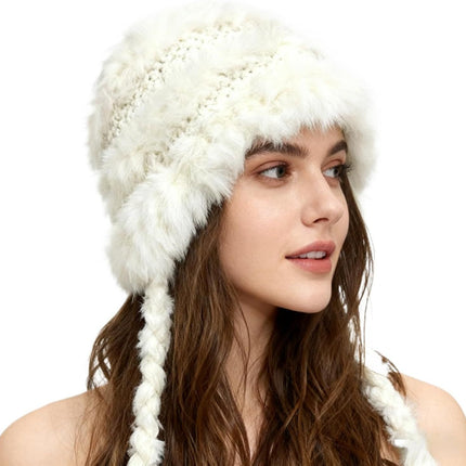 Women's Thick Rabbit Fur Knit Beanie Hat with Nordic Braids for Winter Warm, Ear Protection Thermal Headwear