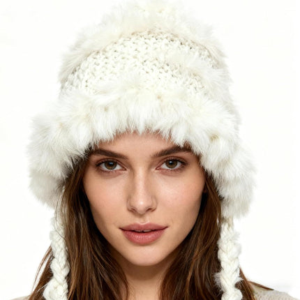 Women's Thick Rabbit Fur Knit Beanie Hat with Nordic Braids for Winter Warm, Ear Protection Thermal Headwear