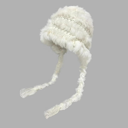 Women's Thick Rabbit Fur Knit Beanie Hat with Nordic Braids for Winter Warm, Ear Protection Thermal Headwear