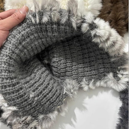 Women's Thick Rabbit Fur Knit Beanie Hat with Nordic Braids for Winter Warm, Ear Protection Thermal Headwear