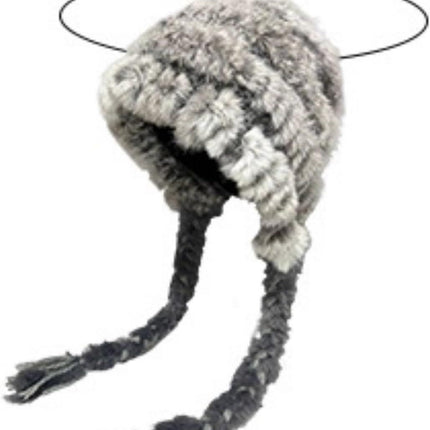 Women's Thick Rabbit Fur Knit Beanie Hat with Nordic Braids for Winter Warm, Ear Protection Thermal Headwear