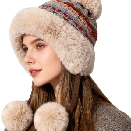 Women's Knit Bobble Hat with Fleece Lining Plush Pom Pom, Warm Winter Thermal Beanie Cute Ear Protection Cap