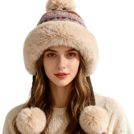 Women's Knit Bobble Hat with Fleece Lining Plush Pom Pom, Warm Winter Thermal Beanie Cute Ear Protection Cap