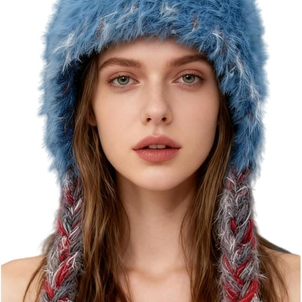 Women's Warm Plush Thick Knit Beanie Hat with Braids for Winter, Cute Ear Warmer Cap for Cold Fashion