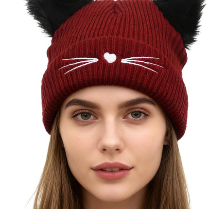 Knit Beanie with Cute Plush Cat Ear Embroidery for Women Girls, Winter Thick Warm Hats Fashion Accessory