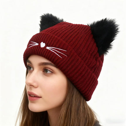 Knit Beanie with Cute Plush Cat Ear Embroidery for Women Girls, Winter Thick Warm Hats Fashion Accessory
