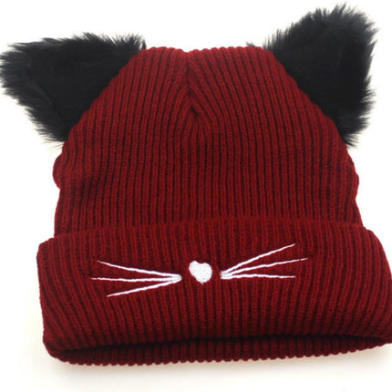Knit Beanie with Cute Plush Cat Ear Embroidery for Women Girls, Winter Thick Warm Hats Fashion Accessory