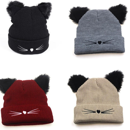 Knit Beanie with Cute Plush Cat Ear Embroidery for Women Girls, Winter Thick Warm Hats Fashion Accessory