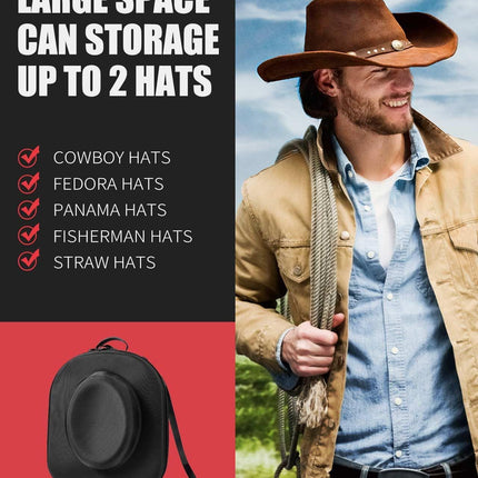 Hard Shell Cowboy Hat Case for Travel, Universal Fedora Hat Box Storage Organizer with Elastic Luggage Strap, Crush-Proof Protective Hat Carrier Bag for Large Brim Hats Men Women
