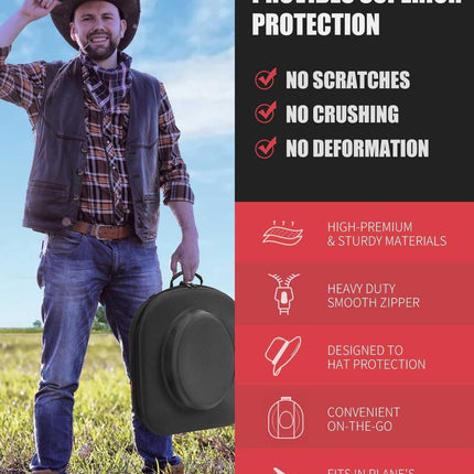 Hard Shell Cowboy Hat Case for Travel, Universal Fedora Hat Box Storage Organizer with Elastic Luggage Strap, Crush-Proof Protective Hat Carrier Bag for Large Brim Hats Men Women