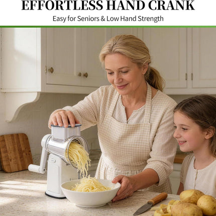 Rotary Cheese Grater Hand Crank - Cheese Shredder with 5 Blades & Storage Room, Easy to Clean, Stable Suction, Labor-Saving Handle, Rotary Grater Slicer for Fruit, Vegetables, Nuts, Chocolate