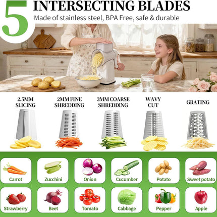 Rotary Cheese Grater Hand Crank - Cheese Shredder with 5 Blades & Storage Room, Easy to Clean, Stable Suction, Labor-Saving Handle, Rotary Grater Slicer for Fruit, Vegetables, Nuts, Chocolate