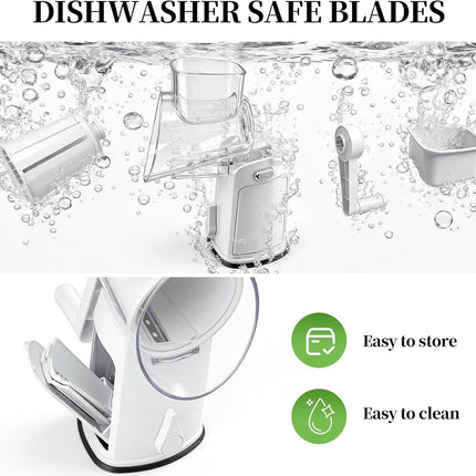 Rotary Cheese Grater Hand Crank - Cheese Shredder with 5 Blades & Storage Room, Easy to Clean, Stable Suction, Labor-Saving Handle, Rotary Grater Slicer for Fruit, Vegetables, Nuts, Chocolate