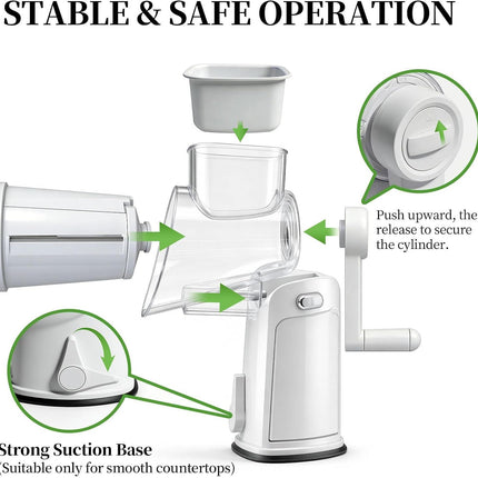 Rotary Cheese Grater Hand Crank - Cheese Shredder with 5 Blades & Storage Room, Easy to Clean, Stable Suction, Labor-Saving Handle, Rotary Grater Slicer for Fruit, Vegetables, Nuts, Chocolate