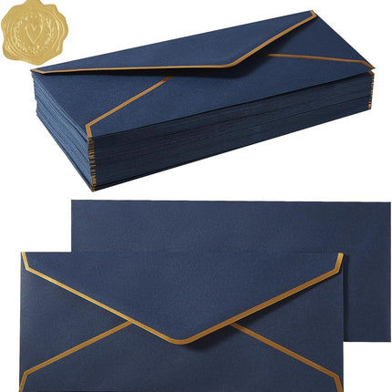 100 Pack #10 Business Envelopes with Gold Border, Self Seal Standard Envelopes with Gold Stickers for Office, Checks, Letter Mailing, Invoices, 4 1/8 x 9 1/2 Inches (Navy Blue)