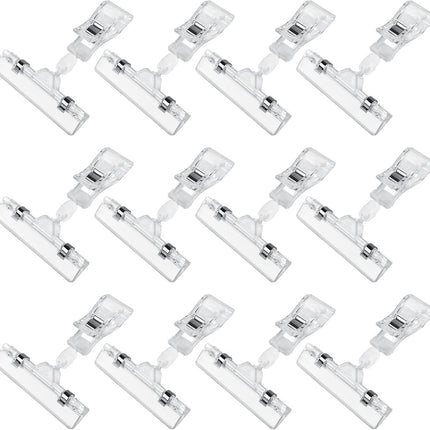 Clear Sign Clips Merchandise Display 12 Pack Plastic Label Pop Clips on Sign Holder Shelf Double Sided Swivel Price Tag Holders on Clothing Rack Rotatable Menu Clamps for Sale Retail Display