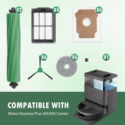 27 Pcs Replacement Parts for iRobot Roomba Plus 405 Combo/505 Combo /507 Combo Robot Vacuum Cleaner, include 2 Main Brushes, 6 Dust Bags, 6 Mop Pads, 4 Filters, 6 Side Brushes and 1 Cleaning Tool
