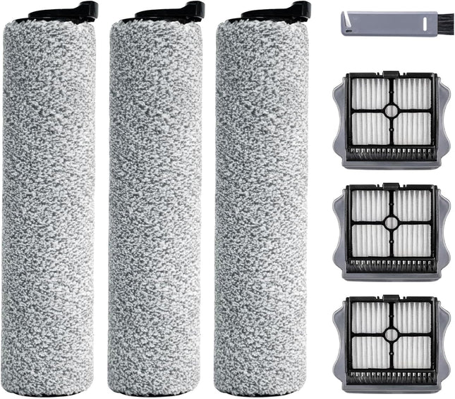 Roller Brush and Filter Replacement Compatible with Tineco iFloor 3/ Floor One S3 Cordless Vacuum Cleaner, Replacement Parts Include 3 Brush Rollers, 3 Filters