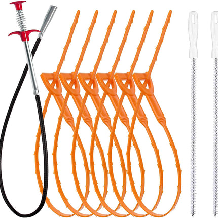 35.5inch Drain Clog Remover(1pcs), 25inch Drain Snake Hair Remover(6pcs) ＆ Cleaning Brush(2pcs), Hair Catcher Drain Auger Cleaner Tool Set For Toilet, Kitchen Sink, Bathroom Tub, Sewer, 9 Pack