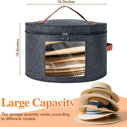 Round Hat Box, Stackable Felt Hat Boxes for Women Storage, Foldable Premium Hat Travel Case with Dustproof Lid, Space Saving Hat Organizer (Grey)