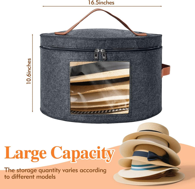 Round Hat Box, Stackable Felt Hat Boxes for Women Storage, Foldable Premium Hat Travel Case with Dustproof Lid, Space Saving Hat Organizer (Grey)