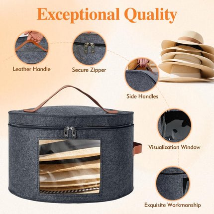 Round Hat Box, Stackable Felt Hat Boxes for Women Storage, Foldable Premium Hat Travel Case with Dustproof Lid, Space Saving Hat Organizer (Grey)