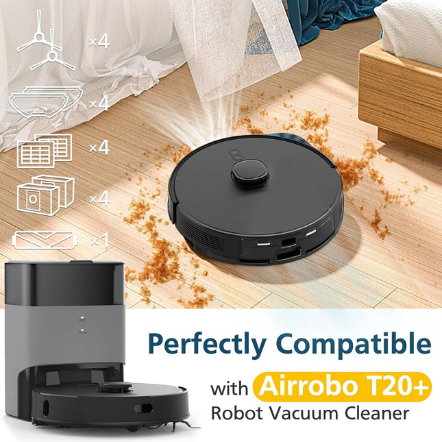 T20+ Accessories Replacement Parts for Airrobo T20+ /T25+/T30+/T25+C and for FIXR T20 Robotic Vacuum Cleaner, 1 Roller Brush, 4 Mop Pads, 4 Hepa Filters, 4 Dust Bags, 4 Side Brushes, 17 Pack