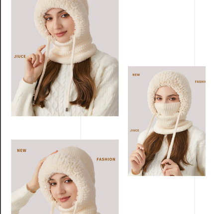Winter Corn Velvet Hooded Scarf Mask Set - Thick Fleece Lined Knit Cap for Women - Warm Balaclava Neck Warmer for Extreme Cold - Beige