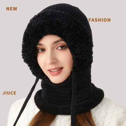 Winter Corn Velvet Hooded Scarf Mask Set - Thick Fleece Lined Knit Cap for Women - Warm Balaclava Neck Warmer for Extreme Cold - Black