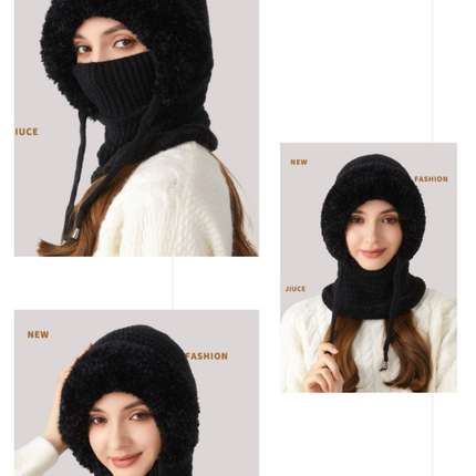 Winter Corn Velvet Hooded Scarf Mask Set - Thick Fleece Lined Knit Cap for Women - Warm Balaclava Neck Warmer for Extreme Cold - Black