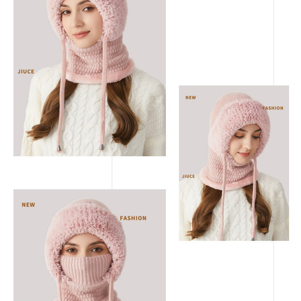 Winter Corn Velvet Hooded Scarf Mask Set - Thick Fleece Lined Knit Cap for Women - Warm Balaclava Neck Warmer for Extreme Cold - Gray