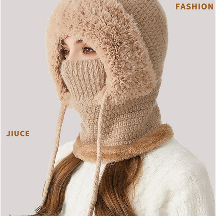 Winter Corn Velvet Hooded Scarf Mask Set - Thick Fleece Lined Knit Cap for Women - Warm Balaclava Neck Warmer for Extreme Cold - Khaki
