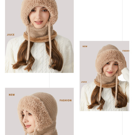Winter Corn Velvet Hooded Scarf Mask Set - Thick Fleece Lined Knit Cap for Women - Warm Balaclava Neck Warmer for Extreme Cold - Khaki