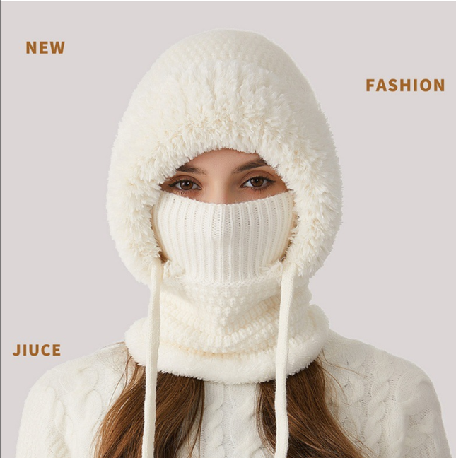 Winter Corn Velvet Hooded Scarf Mask Set - Thick Fleece Lined Knit Cap for Women - Warm Balaclava Neck Warmer for Extreme Cold - Off White