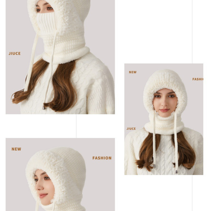 Winter Corn Velvet Hooded Scarf Mask Set - Thick Fleece Lined Knit Cap for Women - Warm Balaclava Neck Warmer for Extreme Cold - Off White