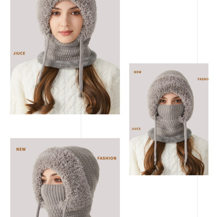 Winter Corn Velvet Hooded Scarf Mask Set - Thick Fleece Lined Knit Cap for Women - Warm Balaclava Neck Warmer for Extreme Cold - Pink