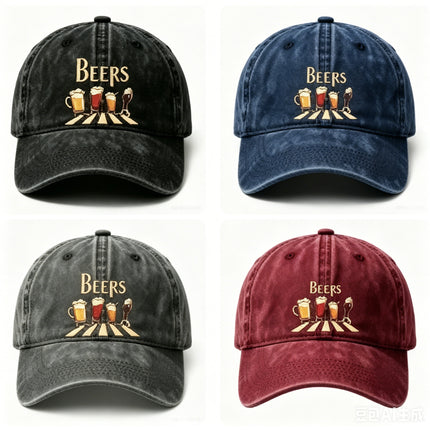 Washed Distressed Beer Print Baseball Cap - Vintage Cotton Adjustable Dad Hat for Men Women - Classic Curved Brim Sun Protection Outdoor Cap - Black + Navy + Gray + Wine Red (4-Pack)