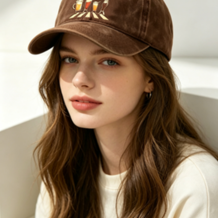 Washed Distressed Beer Print Baseball Cap - Vintage Cotton Adjustable Dad Hat for Men - Outdoor Sun Protection Casual Cap - Brown