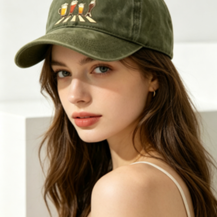 Washed Distressed Beer Print Baseball Cap - Vintage Cotton Adjustable Dad Hat for Men - Outdoor Sun Protection Casual Cap - Green