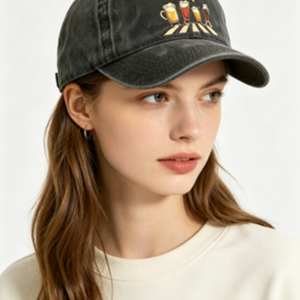 Washed Distressed Beer Print Baseball Cap - Vintage Cotton Adjustable Dad Hat for Men - Outdoor Sun Protection Casual Cap - Gray