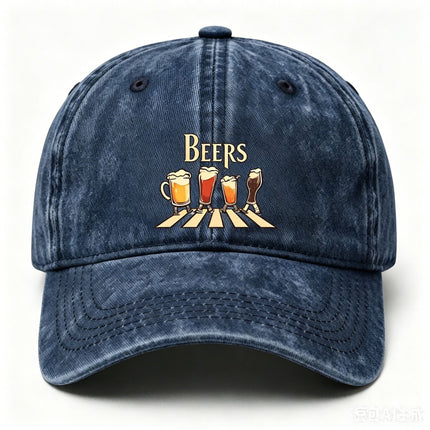 Washed Distressed Beer Print Baseball Cap - Vintage Cotton Adjustable Dad Hat for Men - Outdoor Sun Protection Casual Cap - Navy