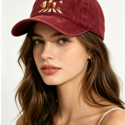 Washed Distressed Beer Print Baseball Cap - Vintage Cotton Adjustable Dad Hat for Men - Outdoor Sun Protection Casual Cap - Wine Red