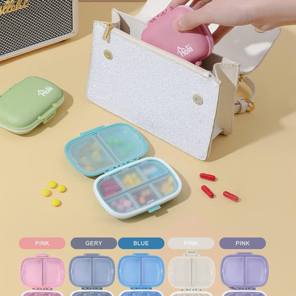 Travel Pill Organizer, 8 Compartments Portable Pill Case, Daily Pill Box to Hold Vitamins, Small Pill Container for Pocket Purse Medicine Organizer（Khaki）