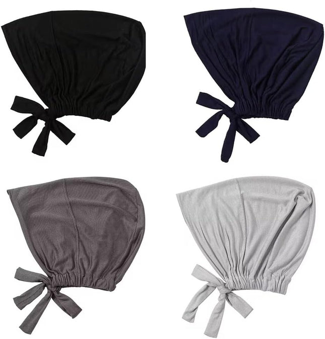 4 Pcs Women Hijab Undercap Muslim Inner Beanies Cap with Tie Back Closure Adjustable Underscarf Hat Chemo Turban Cap